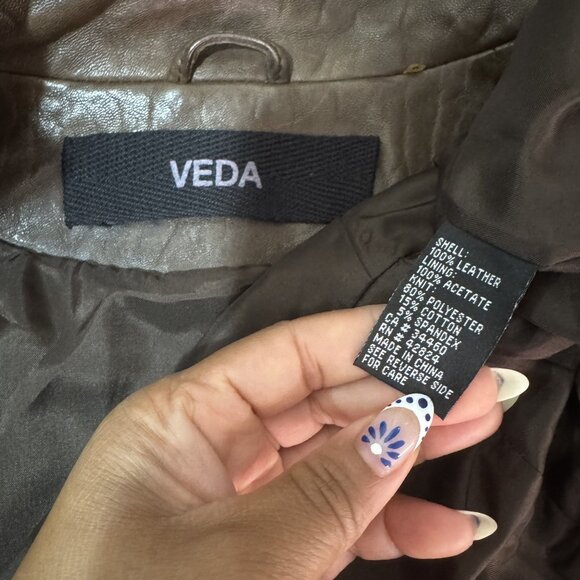 Veda Women's Brown Classic 100% Leather Knit Long Sleeve Biker Jacket Size M - Picture 8 of 9